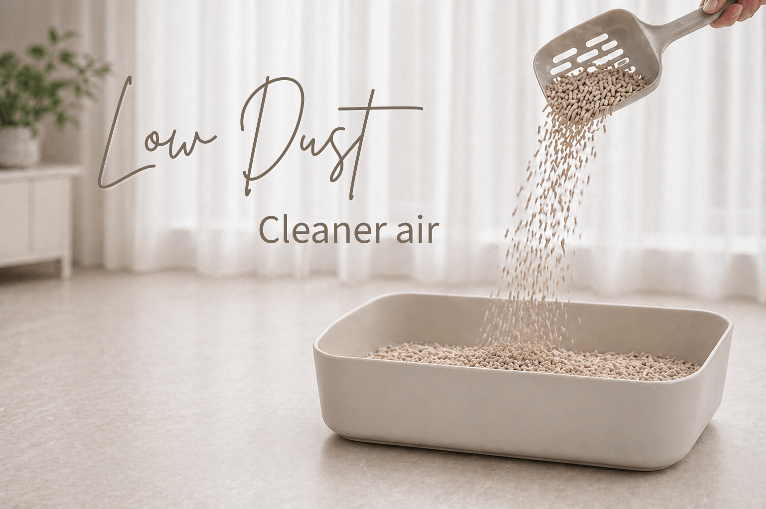 Cat litter being poured into a litter box with text 'Low Dust' and 'Cleaner air'.
