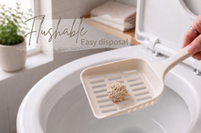 Beige scoop holding a clump of cat litter over a sink with text 'Flushable Easy disposal'.