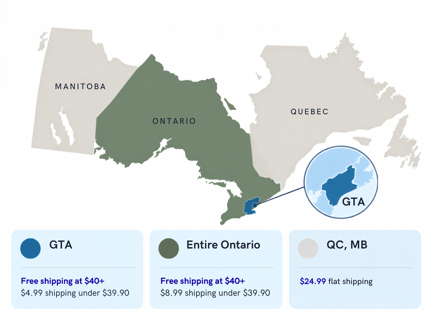 Delivery rates: GTA $4.99 and the rest of Ontario $8.99 below $40; free delivery across Ontario on orders of $40 or more; Quebec and Manitoba $24.99